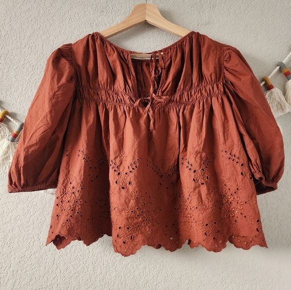 MNG Shirred Eyelet Crop Puff Sleeve Ruffle Top Terracotta Boho Prairie Peplum 2 - Picture 4 of 12